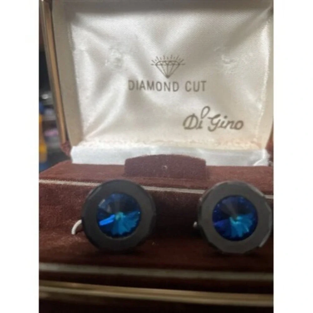 Di Gino Genuine Blue Stone Diamond Cut Cuff Links With Case Vintage